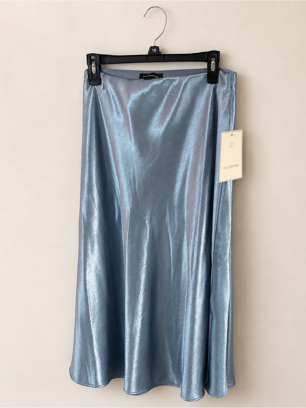 Calligraphie Blue Satin Midi Skirt Size L NWT